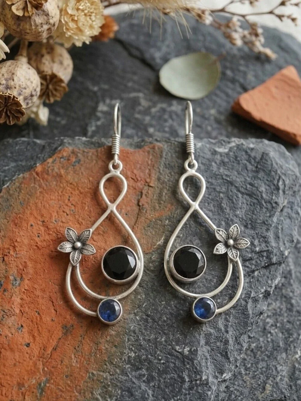 925 Sterling Silver Blue Tanzanite Floral Teardrop Dangle Earrings Boho 2.7